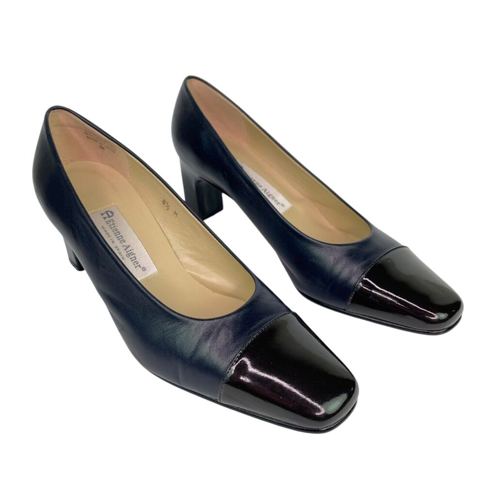 Etienne Aigner Navy Blue Leather Brown Toe Pumps Heels Women's Sz 8.5 M - Picture 2 of 16